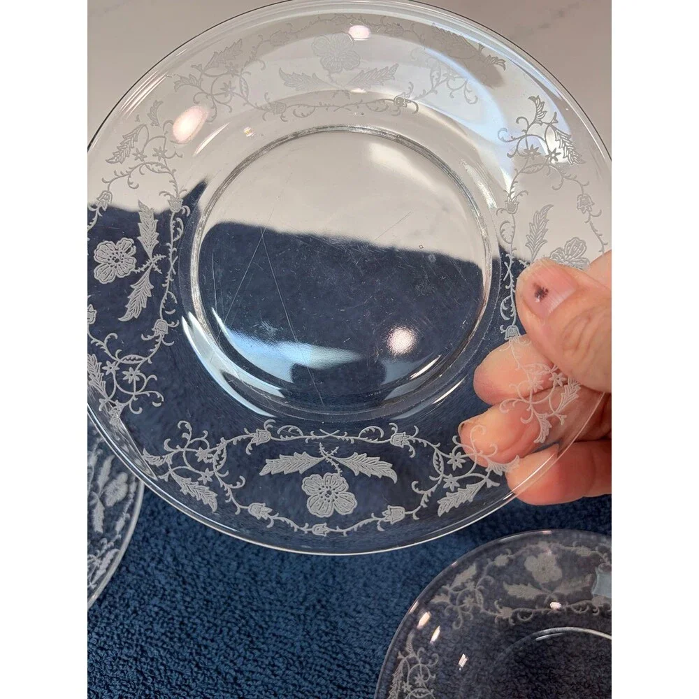 Set of 5 Vintage Clear Glass Etched Floral Salad / Dessert Plates (7-Inch)